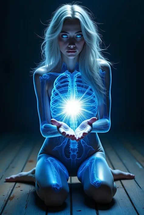 High Quality Photos, beautiful women, Eyes glow blue, Silver Hair, X-ray image of the torso part, full body image, A supernova explosion occurs in the palm of your hand, kneeling, dark room