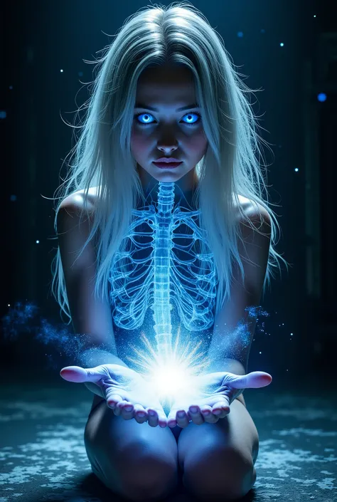 High Quality Photos, beautiful women, Eyes glow blue, Silver Hair, X-ray image of the torso part, full body image, A supernova explosion occurs in the palm of your hand, kneeling, dark room