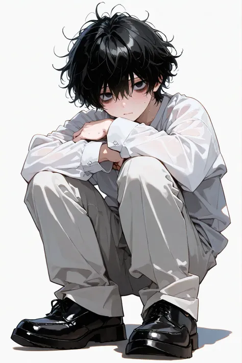 1 man, black hair, short hair, messy hair, curly hair, black eyes, thin eyes, highly detailed eyes, bags under eyes, closed mouth, wary face feature, sweat, long sleeve, crouch down, spread knees, high quality, white background, eye level and front view, (...