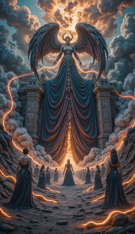 A towering gate of Hell looms beneath a sky choked in ash and endless twilight, its massive iron arch veiled by a curtain of pitch-black fabric — embroidered with grotesque, shifting patterns that seem to breathe and weep. The fabric flutters unnaturally, ...