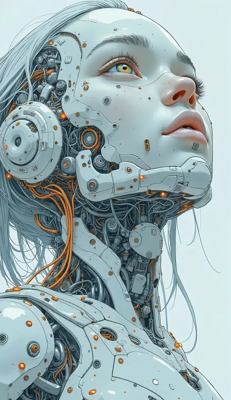 cybborgheadv2 A digitally illustrated drawing in a comic book style, highly detailed, fantasy scene with a dramatic, robotic aesthetic. The central figure is a female robot. Her head and body are made of white, shiny and smooth metal with multi-colored, ex...