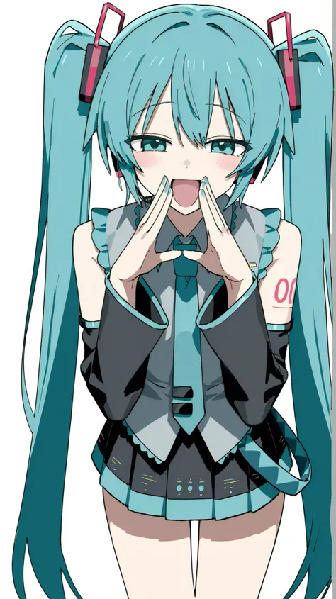 Hatsune Miku, very long hair, twintails, look over here、charming pose、Make your eyes slightly narrower、1 person、 open your mouth and smile、happy expression、Channel style、Channel style、high image quality、describe the facial features well、above thigh、has cle...