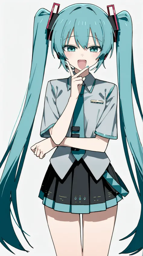 Hatsune Miku, very long hair, twintails, look over here、Charming Gesture 、Make your eyes slightly narrower、1 person、 open your mouth and smile、happy expression、Channel style、Channel style、high image quality、describe the facial features well、above thigh、has...