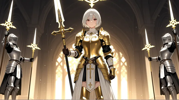Female Knight, short hair, ceremonial light armor, Holy symbol , Long Spear ,