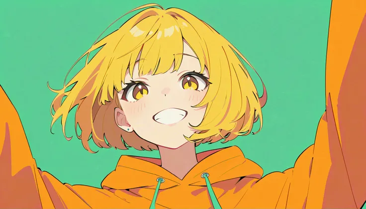 flat color, 
1girl, solo, 
yellow hair, bob cut, yellow eyes, 
big smile, upper body, 
from below, orange hoodie, 
simple background, green background, 