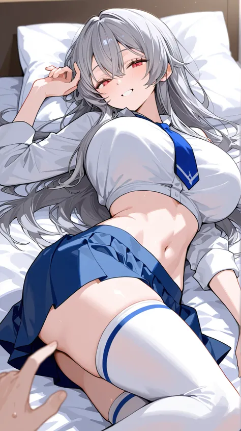 1 girl , Fit girl , score_ 9, score_ 8 score_ 7up, score_ 6up uncesored , 1 girl , long hair , long hair gray , red eyes , gray hair , skirt , blue skirt, white blouse has bare navel, hair between eyes , huge breasts , huge ass ,salior outfir, , tie whit...