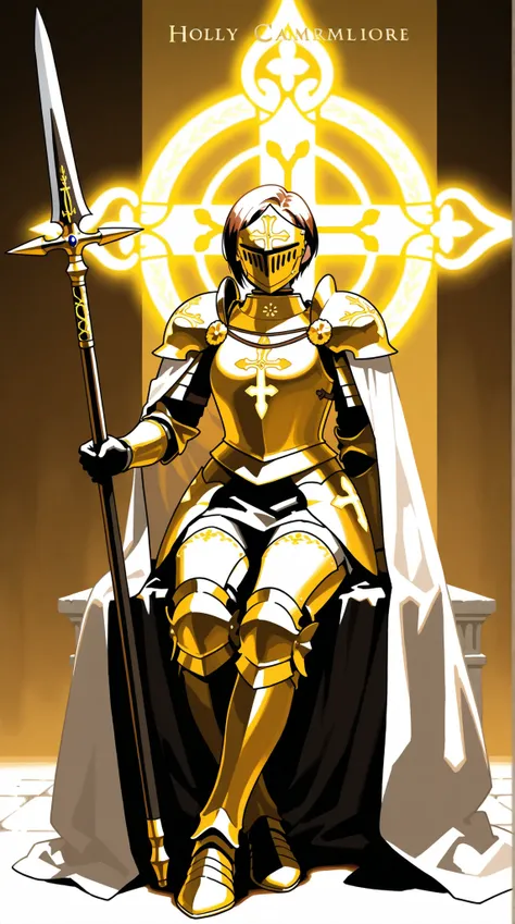 Female Knight, short hair, ceremonial light armor, Holy symbol , Long Spear , engraving in the same color as the armor