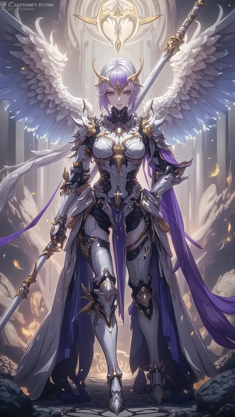 Female Knight, short hair, ceremonial light armor, Holy symbol , Long Spear , engraving in the same color as the armor
