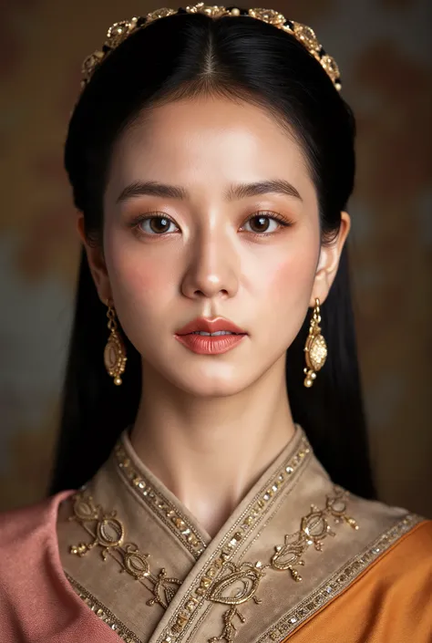 (masterpiece), breathtaking ancient woman, (ancient dress), (close up portrait), neat and ordery hair, (frontal view), highlighted intricate details, ultra detailed facial features, harmonious color palette, showcasing grace and beauty, winning award quali...