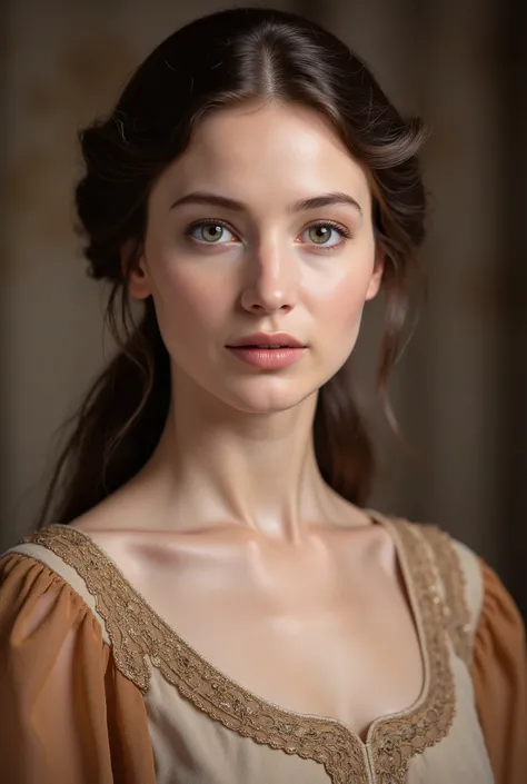 (masterpiece), breathtaking ancient European woman, (ancient dress), (close up portrait), neat and ordery hair, (frontal view), highlighted intricate details, ultra detailed facial features, harmonious color palette, showcasing grace and beauty, winning aw...