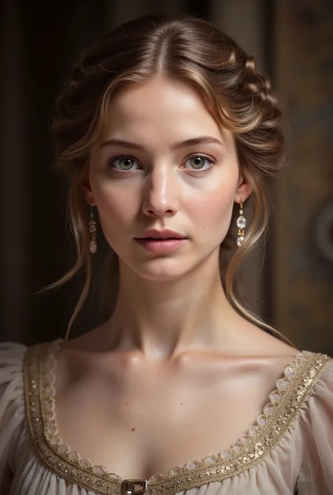 (masterpiece), breathtaking ancient European woman, (ancient dress), (close up portrait), neat and ordery hair, (frontal view), highlighted intricate details, ultra detailed facial features, harmonious color palette, showcasing grace and beauty, winning aw...