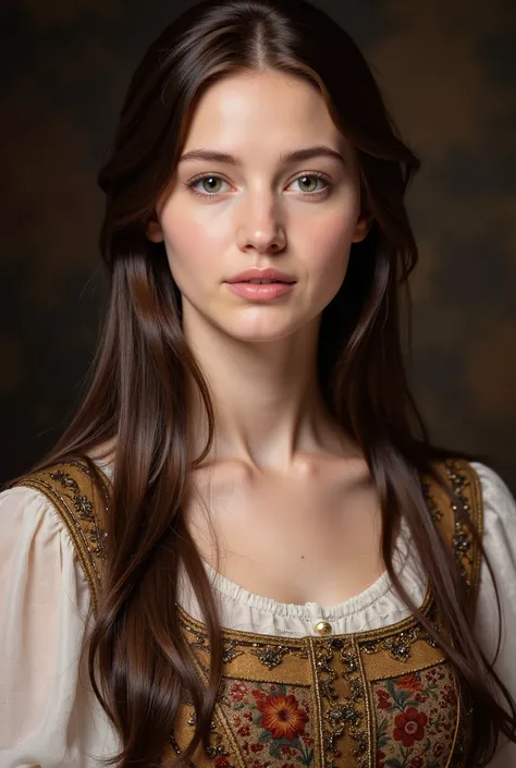 (masterpiece), gorgous young ancient European woman, (ancient dress), (close up portrait), neat and ordery hair, (frontal view), highlighted intricate details, ultra detailed facial features, harmonious color palette, showcasing grace and beauty, winning a...