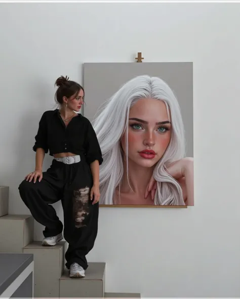 Long brunette straight hair, green eyes, long hair, next a canva , Anatomically Correct,