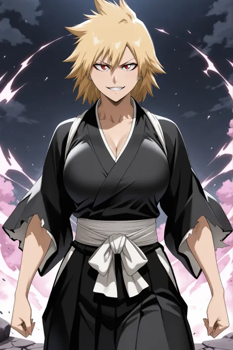 Masterpiece, ultra-detailed, 4K, HD, perfect lighting, perfect face, perfect hand, bleach shinigami, battle-focused. ((Cowboy shot)), Mitsuki Bakugō reimagined as the Fukutaichou of the 11th Division, standing in a powerful and commanding stance. Short, sp...
