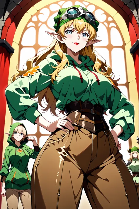 1 menina, Elfa madura , elf ears, mature woman, (blond hair: 1.4), long hair, light blue eyes, (pretty eyes), arrogant and snobby, red lipstick background, (small smile: 1.1), medium breasts, seios flácidos de mature woman, (Patrol clothing D&D: 1.5), (med...