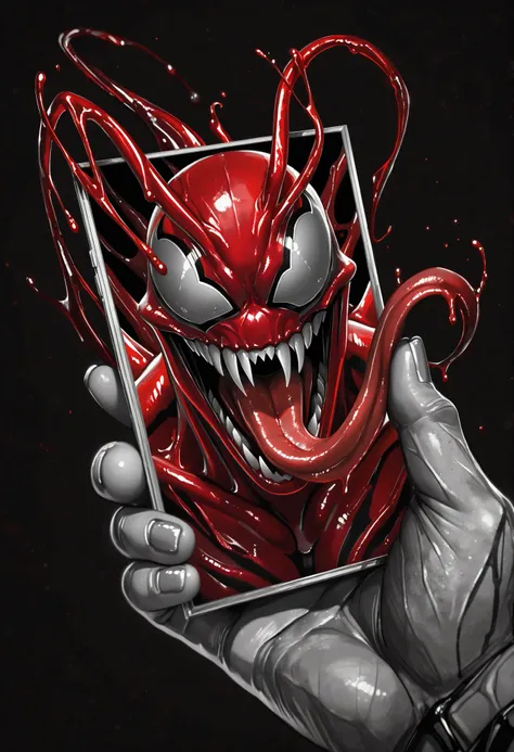 Masterpiece,The best quality,newer,absurdres,highres,monochrome,logo on black background,Red scale,grayscale,vivid colors,Venom,Red Symbiote,macabre smile,Long and salaibous tongue,muscular, blood symbiote,Ensima blood,blood manipulation,Echo de Sangre,(ph...