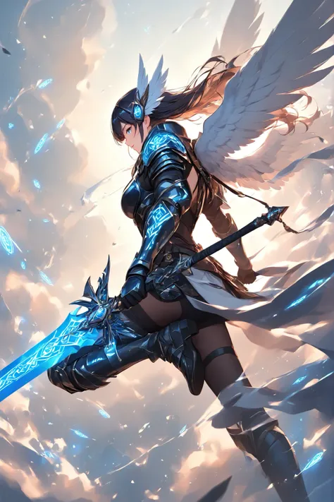 Glowing Runes、Glowing Rune Circle、Glowing Rune Armor、Glowing Rune Sword、A knight gliding at breakneck speed、 white wings on your back、Neon Vapor from the tip of the feather、Visualize the flowing wind、Works with a sense of speed、Impressive work 、early