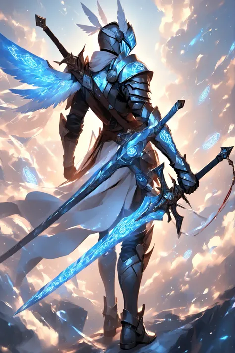 Glowing Runes、Glowing Rune Circle、Glowing Rune Armor、Glowing Rune Sword、A knight gliding at breakneck speed、Glowing Armor、 white wings on your back、Neon Vapor from the tip of the feather、Visualize the flowing wind、Works with a sense of speed、Impressive wor...