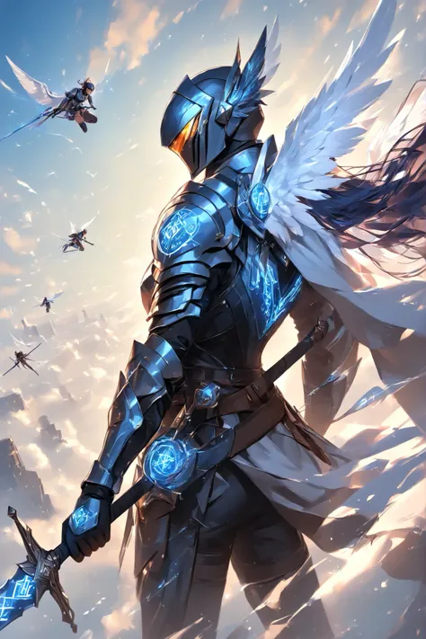 Glowing Runes、Glowing Rune Circle、Glowing Rune Armor、Glowing Rune Sword、Sky Knight、A knight gliding at breakneck speed、Glowing Armor、 white wings on your back、Neon Vapor from the tip of the feather、Visualize the flowing wind、Works with a sense of speed、Imp...