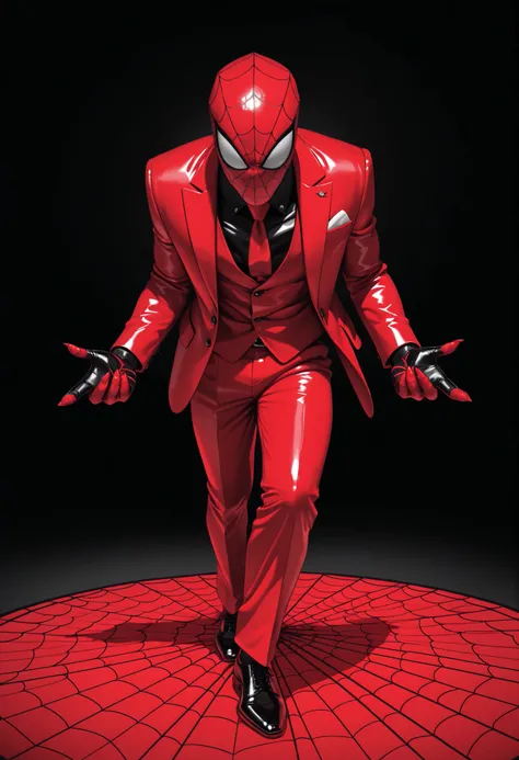 Masterpiece,The best quality,newer,absurdres,highres,monochrome,logo on black background,Red scale,grayscale,vivid colors,spiderman,dynamic pose,Red and blue suit,(photo slideshow),super detallado