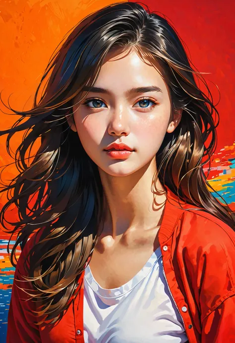high definition illustration art、masterpiece、 18 year old beautiful woman ,long hair,vivid colors,high contrast,(natural skin texture, hyperrealism, Soft light, sharp), red background , dark,
