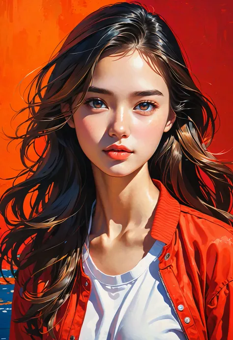 high definition illustration art、masterpiece、 18 year old beautiful woman ,long hair,vivid colors,high contrast,(natural skin texture, hyperrealism, Soft light, sharp), red background , dark,