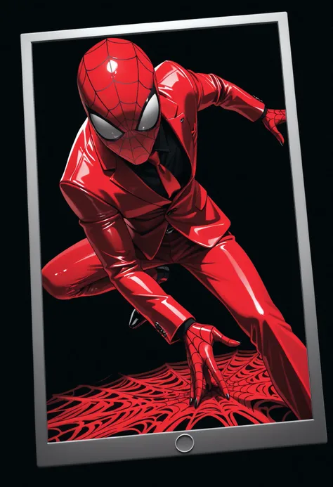 Masterpiece,The best quality,newer,absurdres,highres,monochrome,logo on black background,Red scale,grayscale,vivid colors,spiderman,dynamic pose,Red and blue suit,(photo slideshow),super detallado