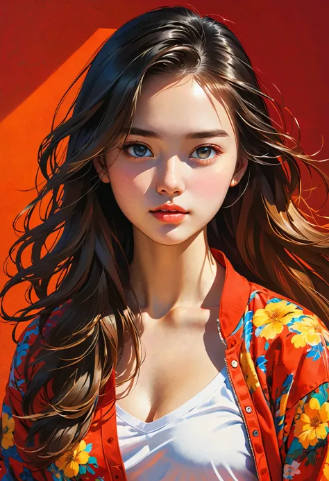 high definition illustration art、masterpiece、 18 year old beautiful woman ,long hair,vivid colors,high contrast,(natural skin texture, hyperrealism, Strong light shines on it, sharp), red background ,Clarify light and dark、 various poses