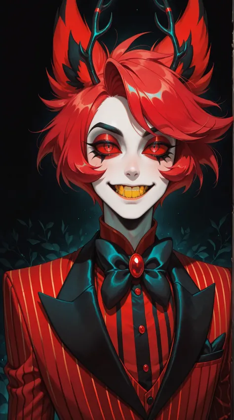 1boy,male,h (Alastor Hazbin Hotel), a red haired male,red pinstripe suit,red eyes red sclera, antlers, ears, yellow teeth,soft lighting, semi-realism,masterpiece, best quality,absurdres