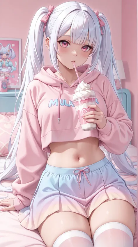 A gamer girl with white long-twin tailed hair. She has pink eyes, Pastel hoodie, pastel skirt, stockings, Pastel gamer bedroom background, Milkshake, absurdres,best quality, ultra-detailed, intricate details,masterpiece, best quality, amazing quality, hype...
