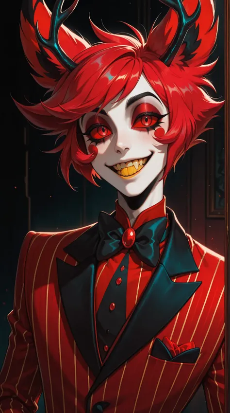 1boy,male,h (Alastor Hazbin Hotel), a red haired male,red pinstripe suit,red eyes red sclera, antlers, ears, yellow teeth,soft lighting, semi-realism,masterpiece, best quality,absurdres