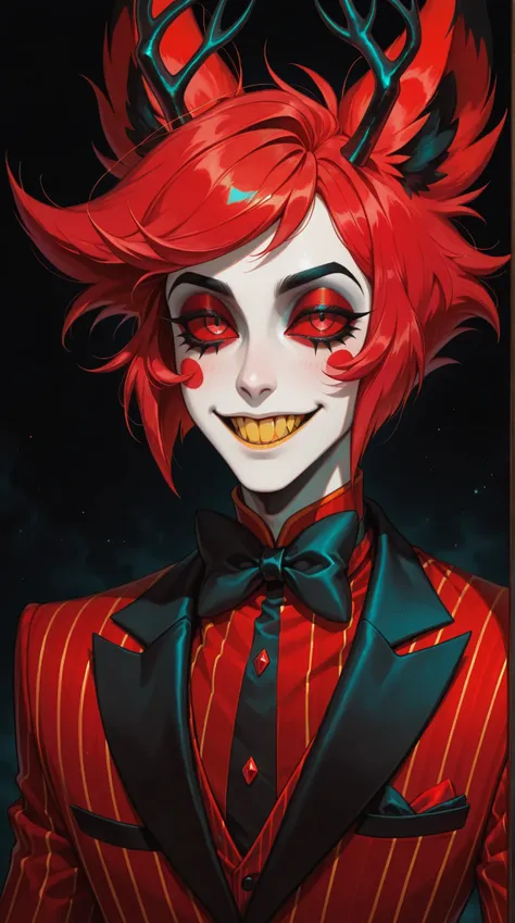 1boy,male,h (Alastor Hazbin Hotel), a red haired male,red pinstripe suit,red eyes red sclera, antlers, ears, yellow teeth,soft lighting, semi-realism,masterpiece, best quality,absurdres