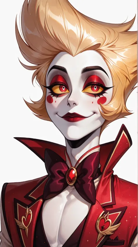 1boy,male, Lucifer Morningstar (hazbin hotel),white skinned, cheek,slight purple eyelids,blond hair, light yellow sclera,red pupils, semi-realism,masterpiece, best quality,absurdres
