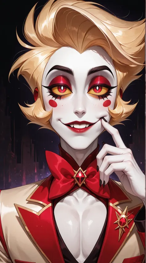 1boy,male, Lucifer Morningstar (hazbin hotel),white skinned, cheek,slight purple eyelids,blond hair, light yellow sclera,red pupils,  semi-realism,masterpiece, best quality,absurdres