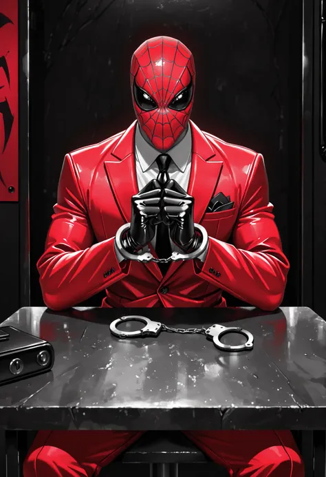 Masterpiece,The best quality,newer,absurdres,highres,monochrome,logo on black background,Red scale,grayscale,vivid colors,spiderman,Sitting,suit red and blue,super detallado,interrogation room,table, handcuffs on the wrists,Incarcerated,hands together,inte...