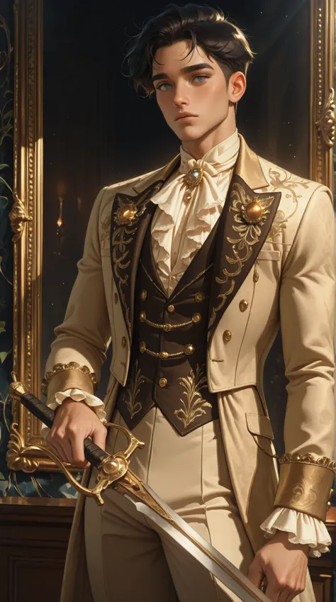 (TangoBat:0.7),(Sakimichan:0.7), 1boy,male, A stylishly dressed male anime character, with short dark hair and a dark, ornate, Victorian-inspired suit, featuring gold embellishments, light beige/cream shirt, and holding a sword; detailed rendering in a ...