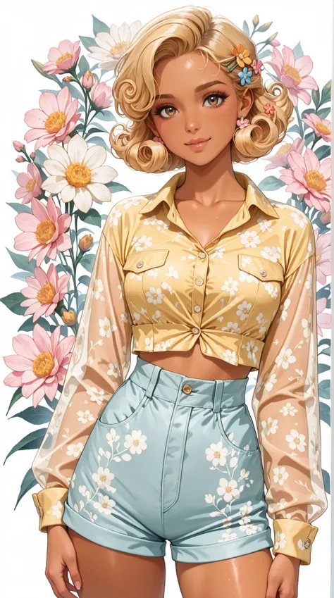 (((Masterpiece))), a top influencer woman, top quality, super detailed, cute and spunky, retro 60's style, fair skin, short curly blonde hair with flower clips, yellow button up crop top transparent floral print sleeves, tan high waist button up shorts, fl...