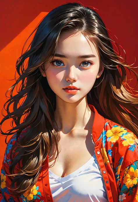 high definition illustration art、masterpiece、 18 year old beautiful woman ,long hair,vivid colors,high contrast,(natural skin texture, hyperrealism, Strong light shines on it, sharp), red background ,Clarify light and dark、 various poses
