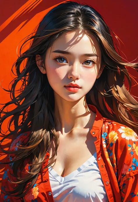 high definition illustration art、masterpiece、 18 year old beautiful woman ,long hair,vivid colors,high contrast,(natural skin texture, hyperrealism, Strong light shines on it, sharp), red background ,Clarify light and dark、 various poses