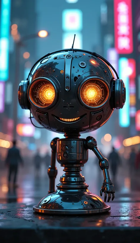 (((Pixel perfect, perfect detail))), A glass cup with smile face, cybernetic eye, the eyes of a machine with exposed electronic circuits, cyberpunk city of the near future, high resolution, realistic, photographic, physically based rendering, extremely det...