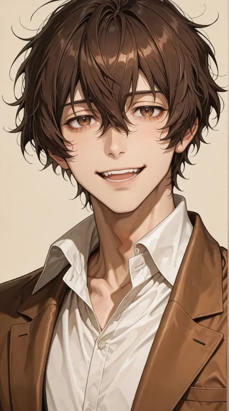 adult male, handsome, tall, Dazai\(bungou stray dogs\), 1boy, brown jacket, brown eyes, collared shirt,short messy hair, looking at viewer, male focus, open mouth, beige background, brown hair, simple background, smile, solo, upper body,white shirt, ultra-...