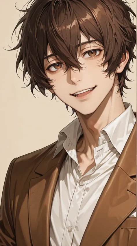 adult male, handsome, tall, Dazai\(bungou stray dogs\), 1boy, brown jacket, brown eyes, collared shirt,short messy hair, looking at viewer, male focus, open mouth, beige background, brown hair, simple background, smile, solo, upper body,white shirt, ultra-...