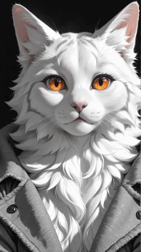 A close-up grayscale illustration of a fluffy cat with large, expressive amber eyes and a soft, textured coat, rendered in a painterly style with a focus on detail and gentle shading; creating an image that looks like a delicate pencil sketch or watercolor...