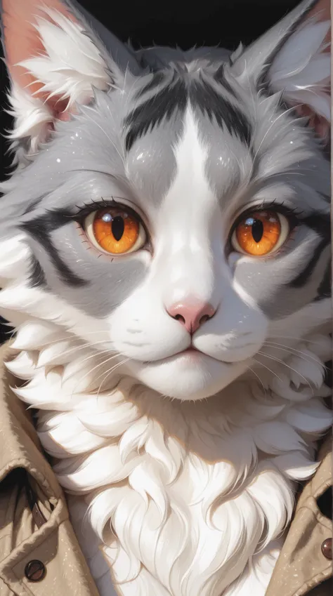 A close-up grayscale illustration of a fluffy cat with large, expressive amber eyes and a soft, textured coat, rendered in a painterly style with a focus on detail and gentle shading; creating an image that looks like a delicate pencil sketch or watercolor...
