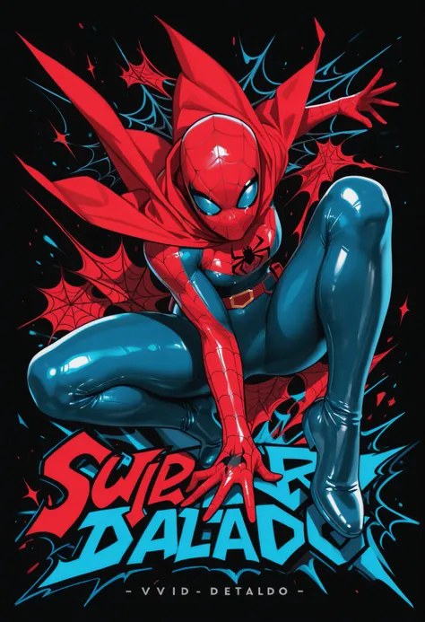 Masterpiece,The best quality,newer,absurdres,highres,monochrome,logo on black background,Red scale,Blue scale,grayscale,vivid colors,spiderman,dynamic pose,red and blue superhero costume,(Photo),super detallado