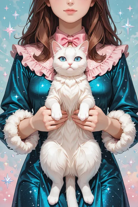 A pin-up style illustration of a woman with long brown hair, wearing a teal dress with faux fur trim and large pink bow, holding a white cat; the style is reminiscent of 1950s pin-up art, with a soft, pastel color palette, and a focus on exaggerated featur...