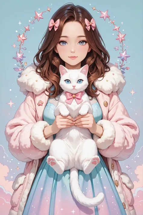 A pin-up style illustration of a woman with long brown hair, wearing a teal dress with faux fur trim and large pink bow, holding a white cat; the style is reminiscent of 1950s pin-up art, with a soft, pastel color palette, and a focus on exaggerated featur...