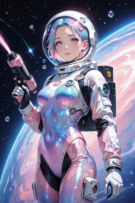 A vibrant, stylized illustration of a pin-up girl astronaut, featuring turquoise hair, a bubble helmet, a form-fitting space suit with a speckled pattern, holding a futuristic blaster; rendered in a retro, pastel-toned style with lush details and a soft, g...