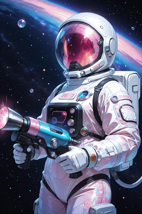 A vibrant, stylized illustration of a pin-up girl astronaut, featuring turquoise hair, a bubble helmet, a form-fitting space suit with a speckled pattern, holding a futuristic blaster; rendered in a retro, pastel-toned style with lush details and a soft, g...