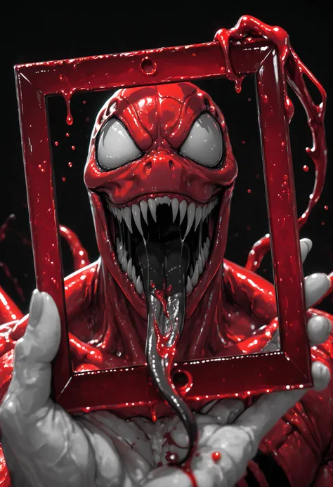 Masterpiece,The best quality,newer,absurdres,highres,monochrome,logo on black background,Red scale,grayscale,vivid colors,Venom,Red Symbiote,macabre smile,Long and salaibous tongue,muscular, blood symbiote,Ensima blood,blood manipulation,Echo de Sangre,(ph...